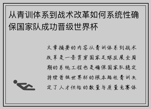 从青训体系到战术改革如何系统性确保国家队成功晋级世界杯